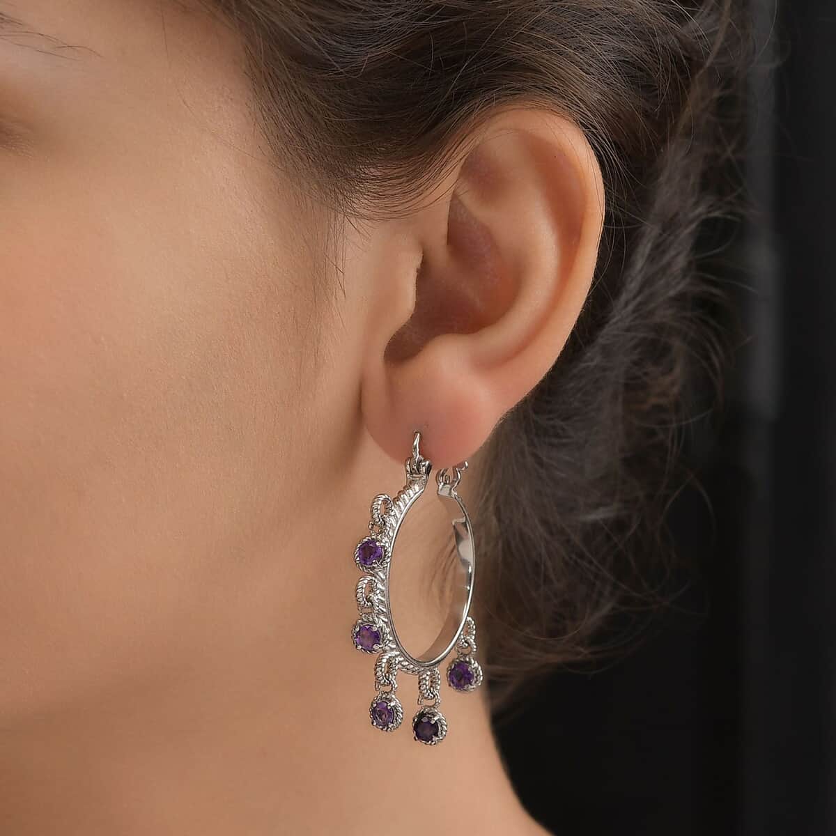 Ankur Treasure Chest Amethyst Chandelier Hoop Earrings in Stainless Steel 2.40 ctw image number 2