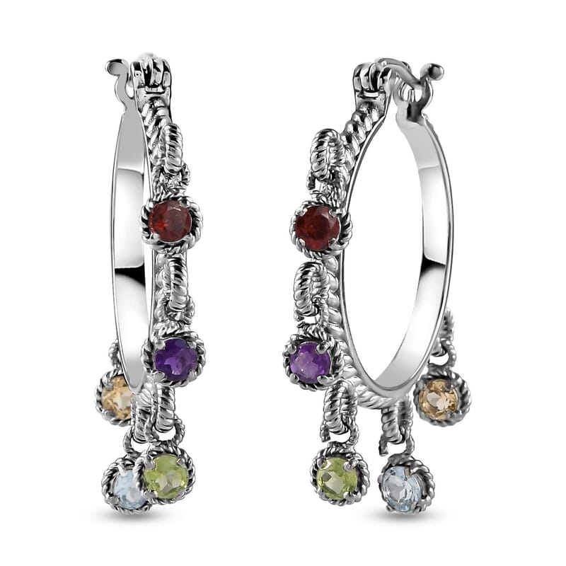 Ankur Treasure Chest Multi Gemstone Hoop Earrings in Stainless Steel 2.90 ctw