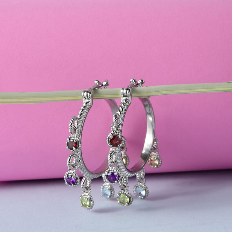 Ankur Treasure Chest Multi Gemstone Hoop Earrings in Stainless Steel 2.90 ctw