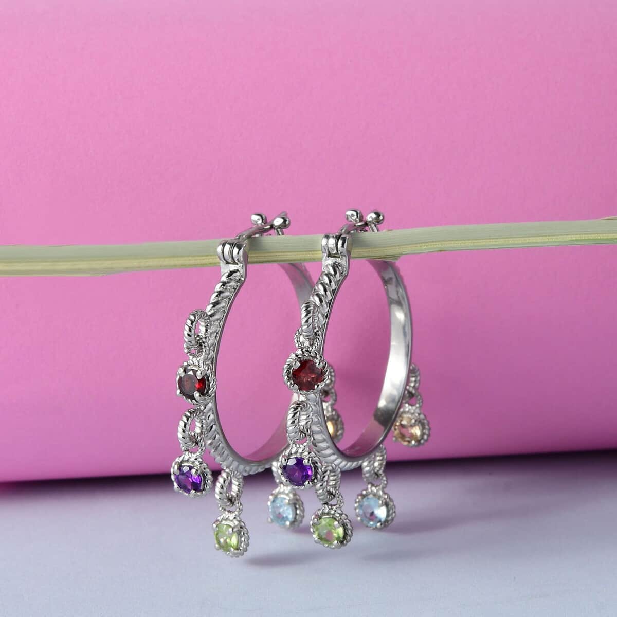 Ankur Treasure Chest Multi Gemstone Hoop Earrings in Stainless Steel 2.90 ctw image number 1