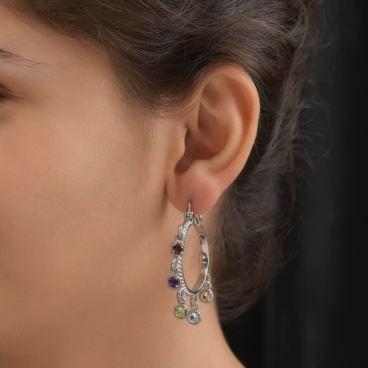 Ankur Treasure Chest Multi Gemstone Hoop Earrings in Stainless Steel 2.90 ctw image number 2