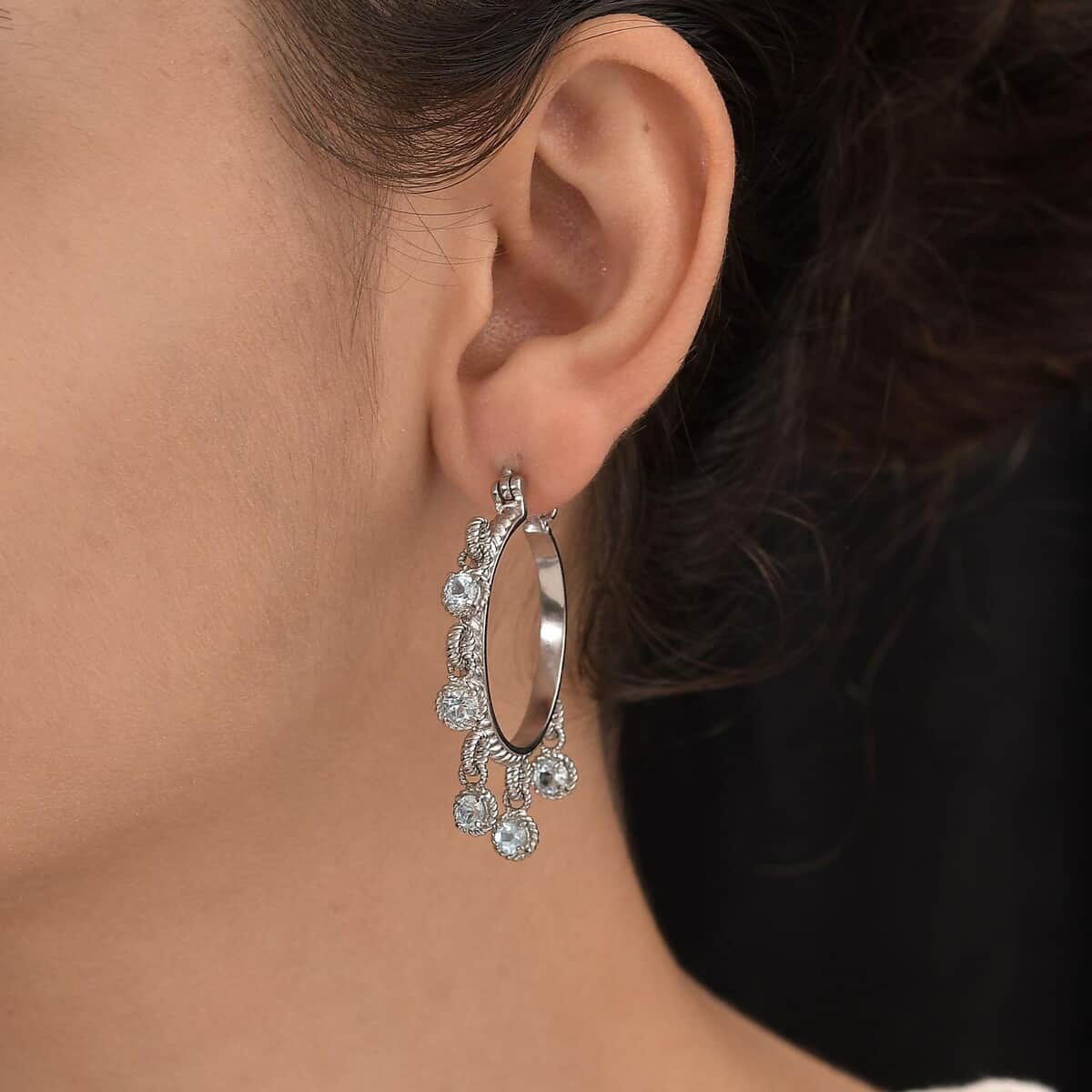 Ankur Treasure Chest Sky Blue Topaz Chandelier Hoop Earrings in Stainless Steel 3.25 ctw | Tarnish-Free, Waterproof, Sweat Proof Jewelry image number 2