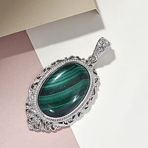 African Malachite Solitaire Pendant in Platinum Over Copper with Magnet 42.35 ctw