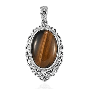 Tiger's Eye 29.90 ctw Solitaire Pendant without Chain in Platinum Over Copper with Magnet