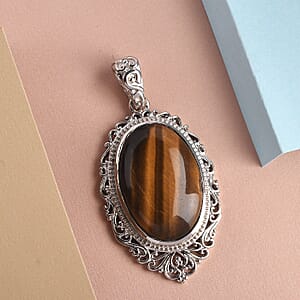 Tiger's Eye 29.90 ctw Solitaire Pendant without Chain in Platinum Over Copper with Magnet
