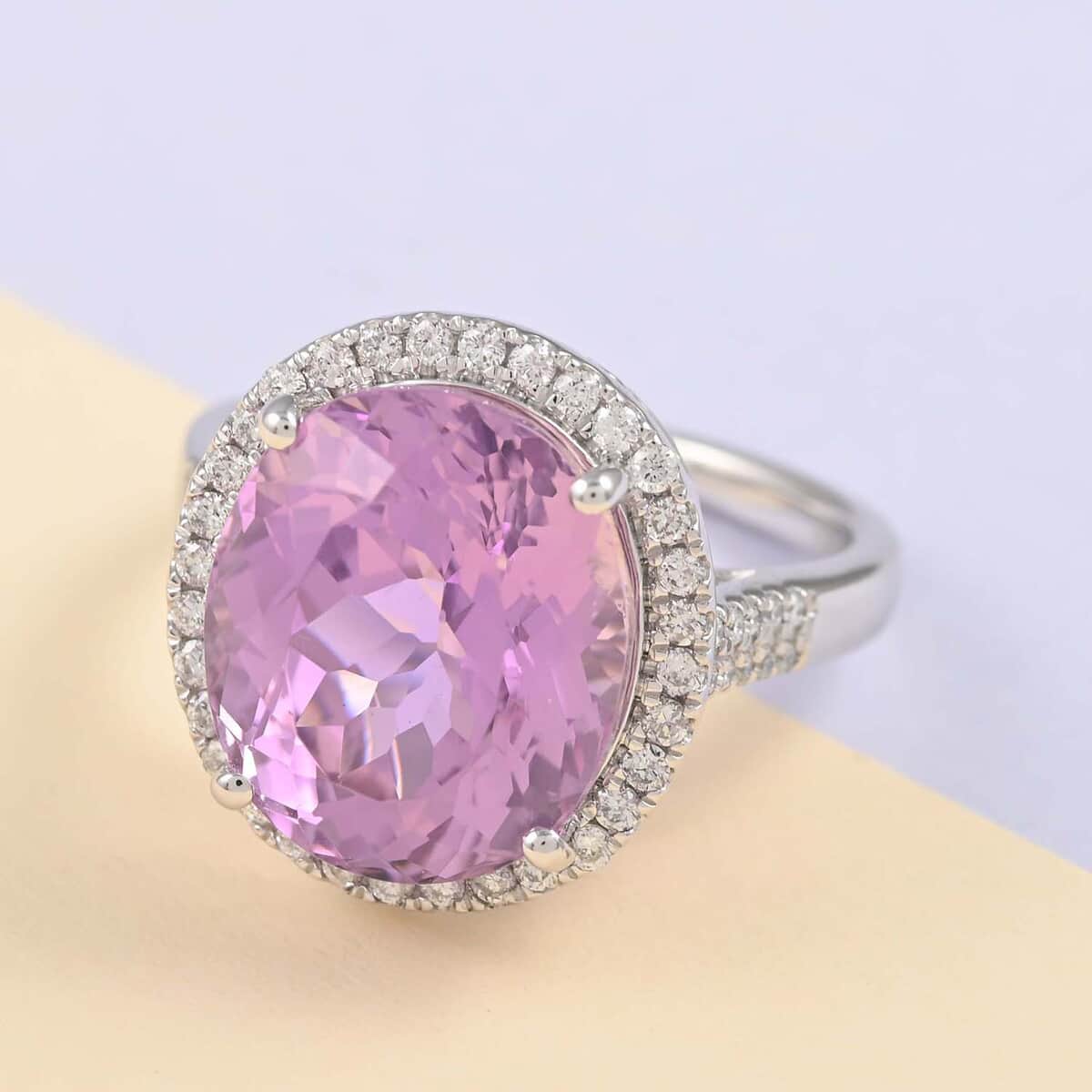 Certified & Appraised RHAPSODY 950 Platinum AAAA Patroke Kunzite and E-F VS Diamond Halo Ring 8.15 Grams 11.40 ctw image number 1