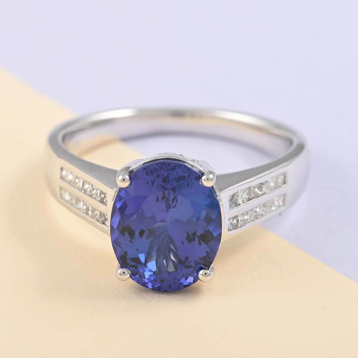 Certified and Appraised RHAPSODY 950 Platinum AAAA Tanzanite and E-F VS Diamond Ring 7.65 Grams 4.20 ctw image number 1