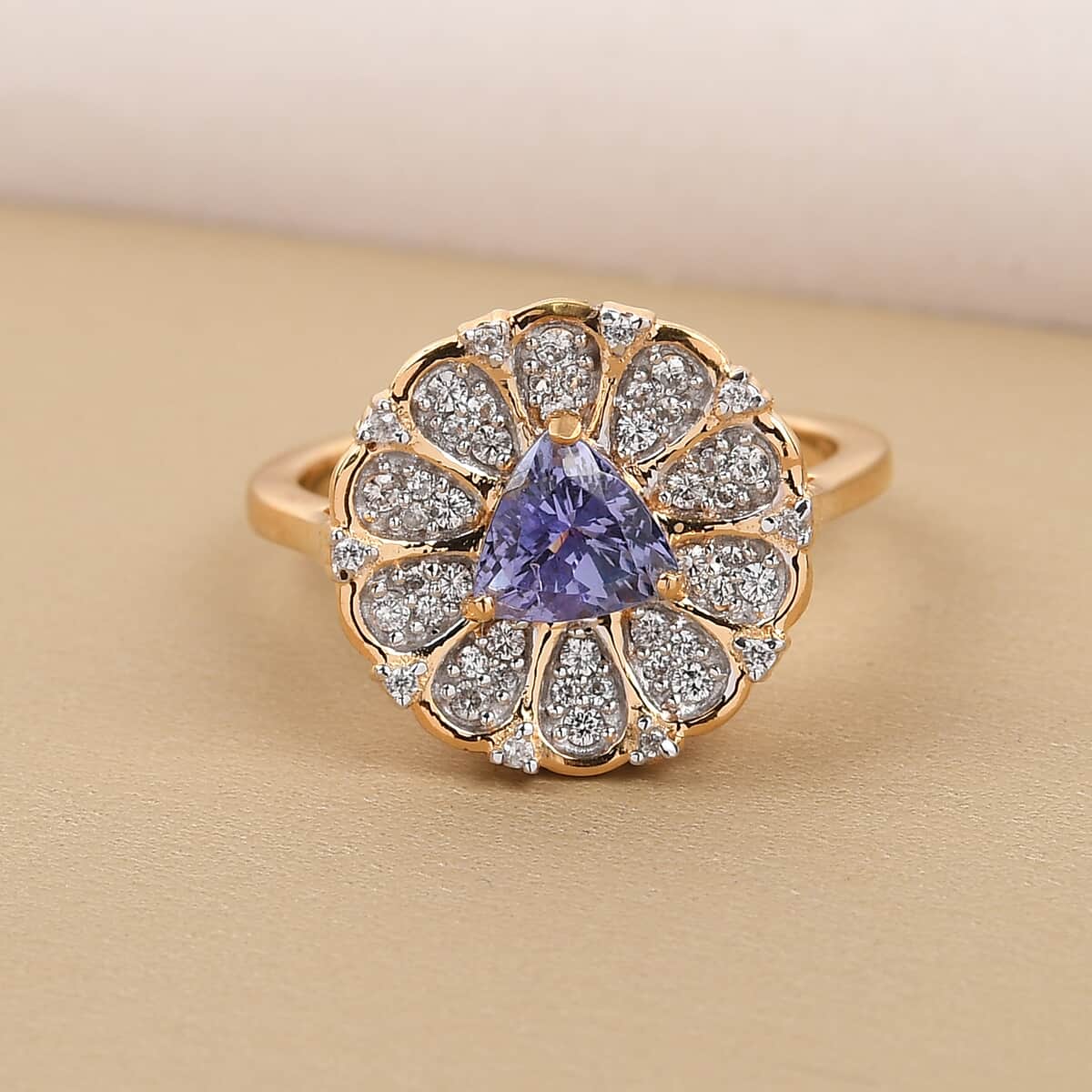 GP Italian Garden Collection Tanzanite and Natural White Zircon Floral Ring in Vermeil Yellow Gold Over Sterling Silver (Size 6.0) 1.25 ctw image number 1