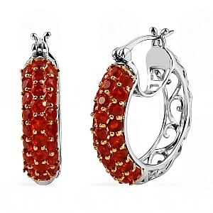 Mexican Cherry Fire Opal Hoop Earrings in Platinum Over Sterling Silver 7.25 Grams 2.30 ctw