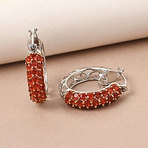 Mexican Cherry Fire Opal Hoop Earrings in Platinum Over Sterling Silver 7.25 Grams 2.30 ctw
