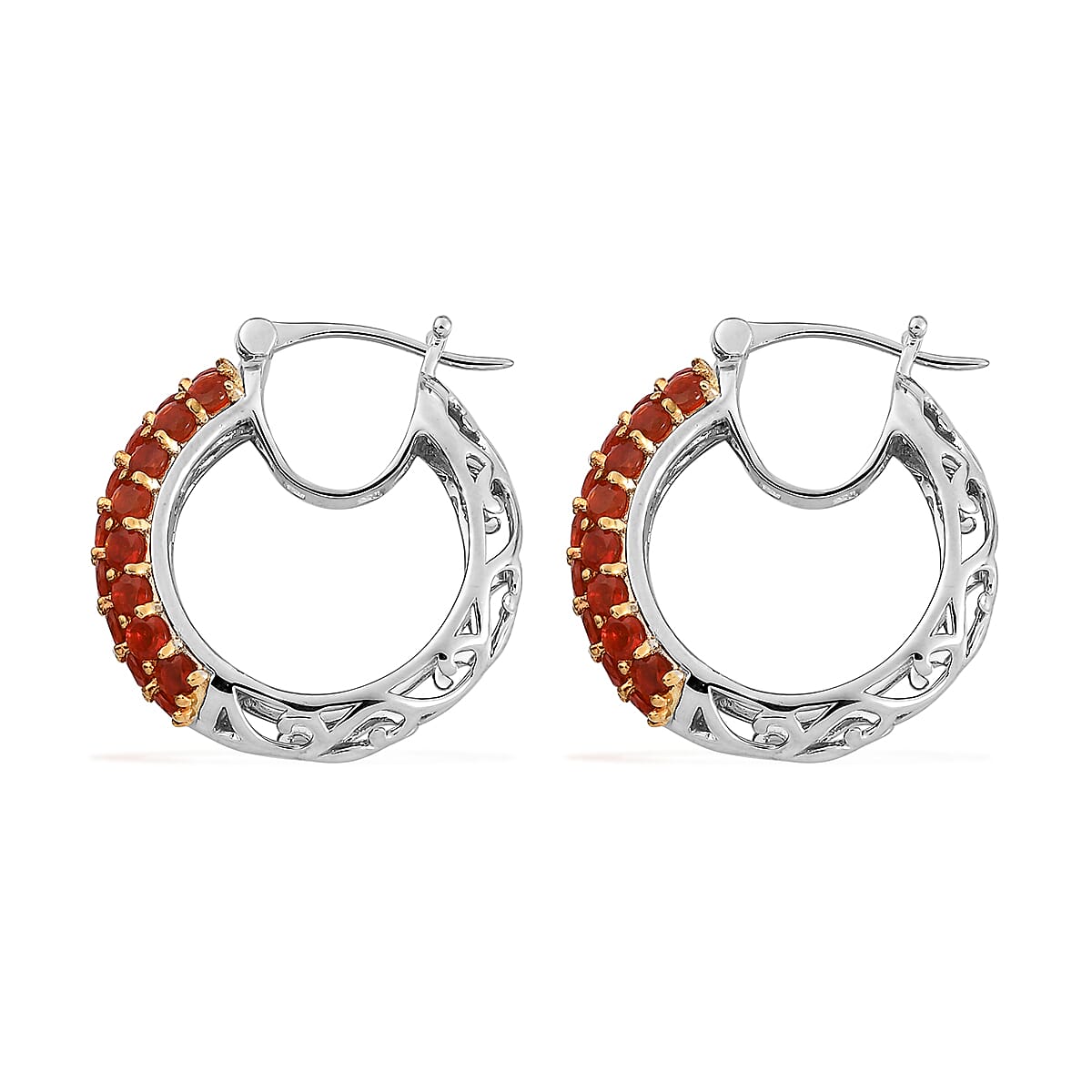 Mexican Cherry Fire Opal Hoop Earrings in Platinum Over Sterling Silver 7.25 Grams 2.30 ctw image number 3