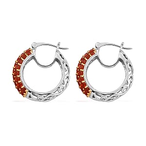 Mexican Cherry Fire Opal Hoop Earrings in Platinum Over Sterling Silver 7.25 Grams 2.30 ctw
