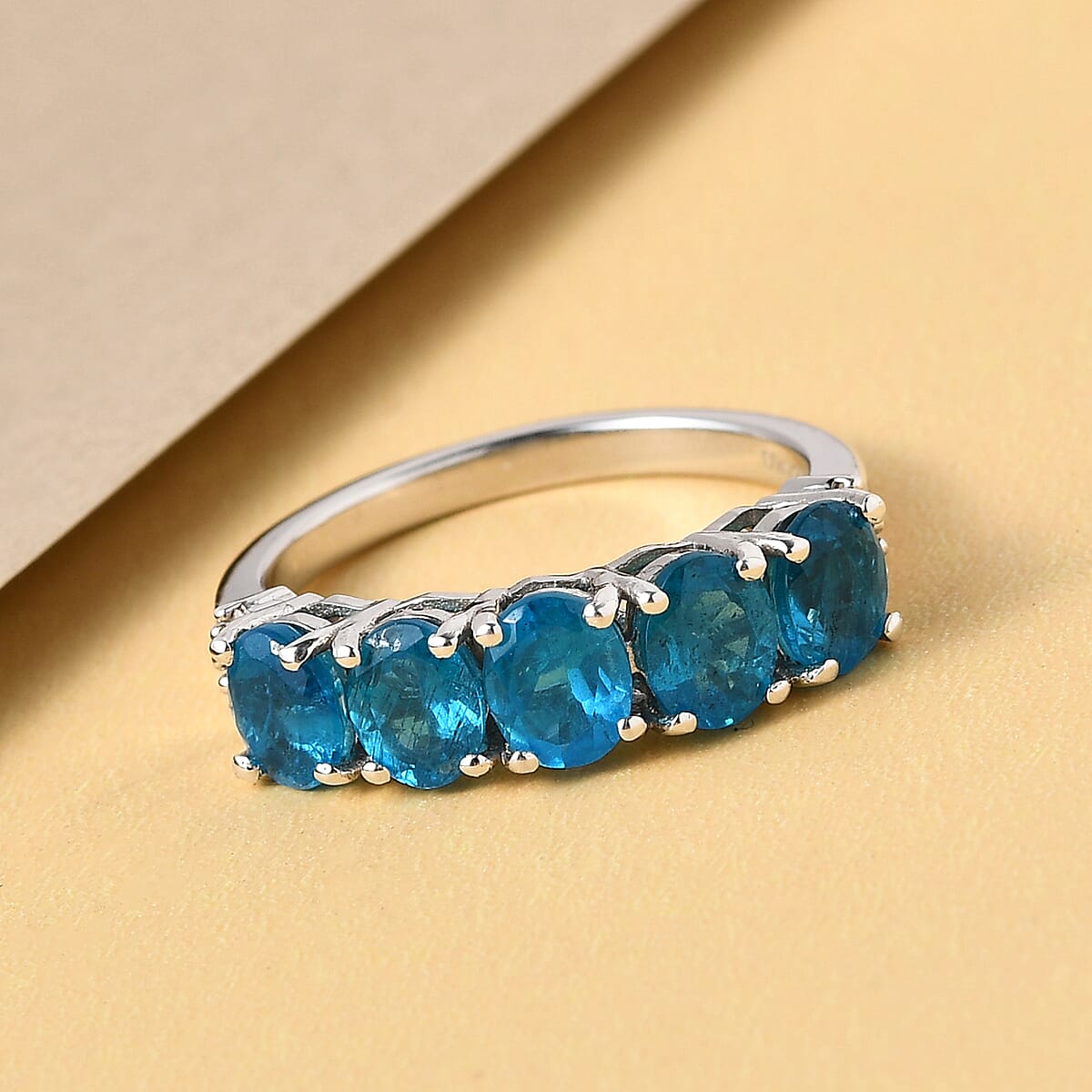 Malgache Neon Apatite and Diamond 5 Stone Ring in Platinum Over Sterling Silver (Size 8.0) 2.00 ctw image number 1