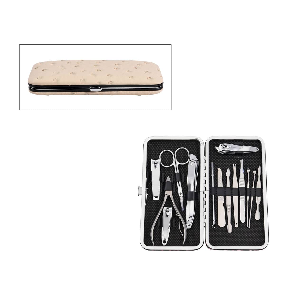14 Piece Stainless Steel Manicure Grooming Kit in Black Leopard Print Faux Leather Case image number 0