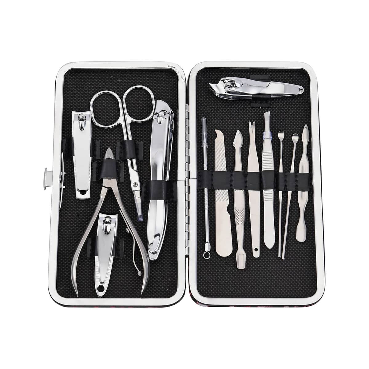 14 Piece Stainless Steel Manicure Grooming Kit in Beige Ostrich Print Faux Leather Case image number 4