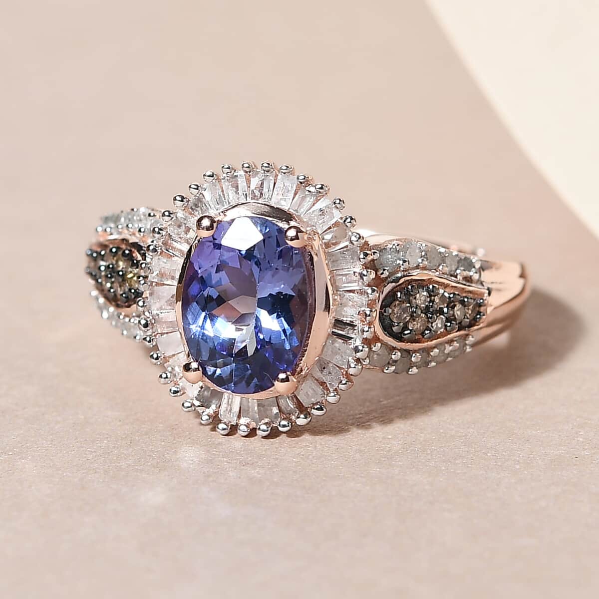Tanzanite, Natural Champagne and White Diamond Ring in Vermeil Rose Gold Over Sterling Silver (Size 7.0) 1.50 ctw image number 1