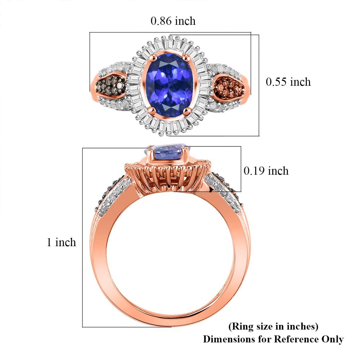 Tanzanite, Natural Champagne and White Diamond Ring in Vermeil Rose Gold Over Sterling Silver (Size 7.0) 1.50 ctw image number 5
