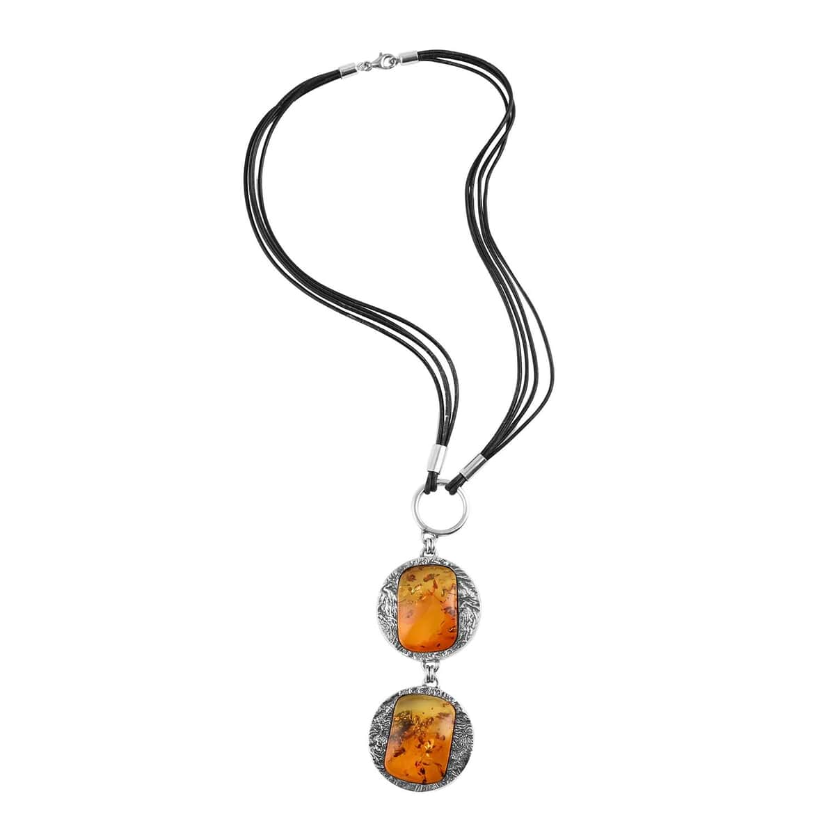 Baltic Amber Leather Cord Necklace 18 Inches in Rhodium Over Sterling Silver image number 0
