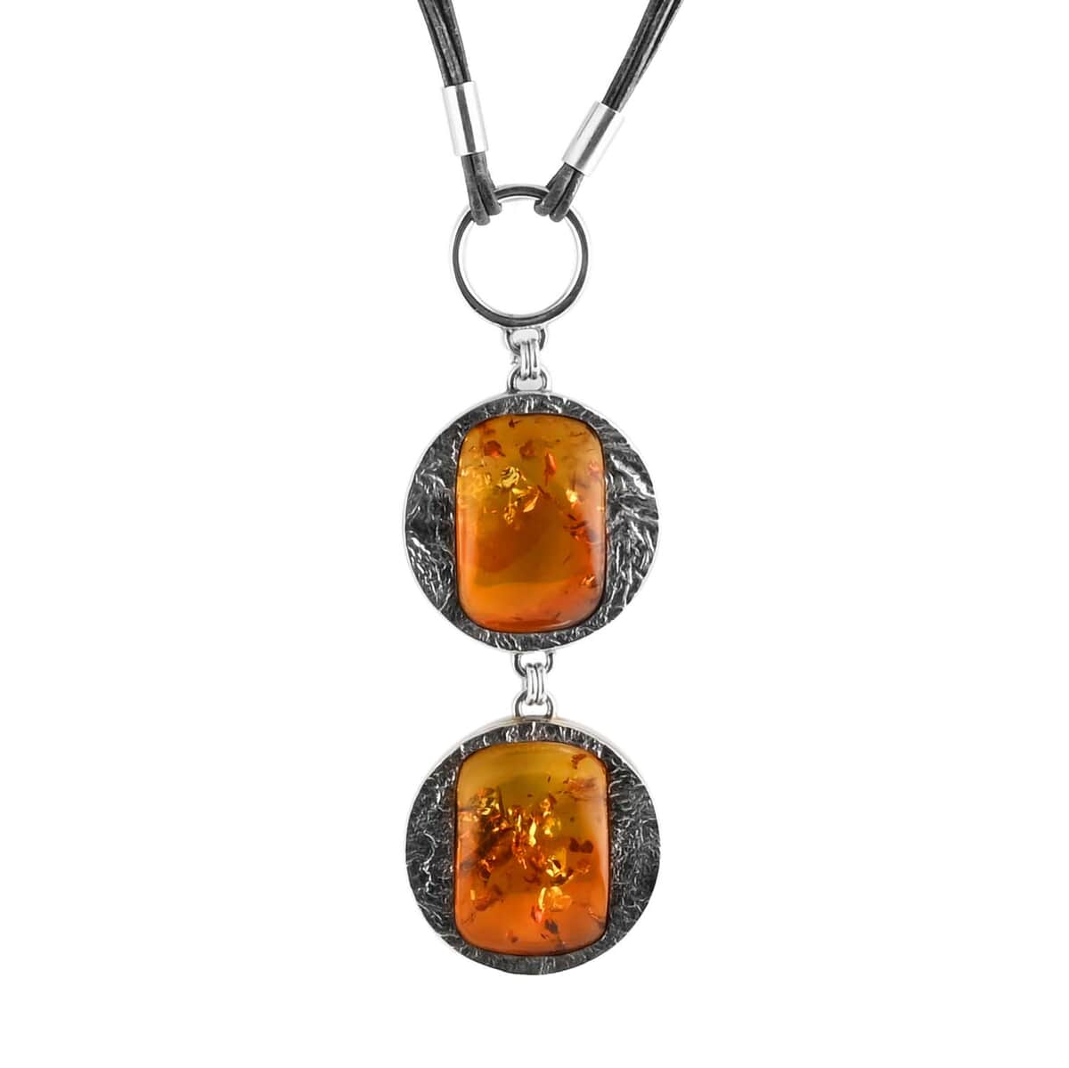 Baltic Amber Leather Cord Necklace 18 Inches in Rhodium Over Sterling Silver image number 1