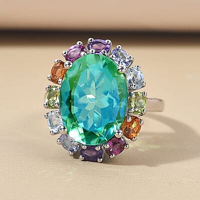 Peacock Quartz and Multi Gemstone Halo Ring in Platinum Over Sterling Silver (Size 9.0) 10.90 ctw