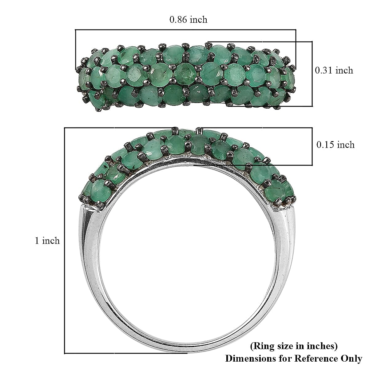 Socoto Emerald 3 Row Band Ring in Platinum Over Sterling Silver (Size 11.0) 2.25 ctw