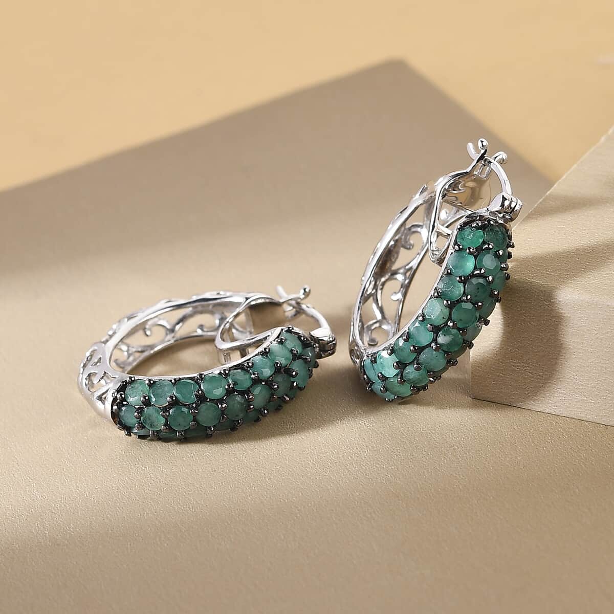 Socoto Emerald Hoop Earrings in Platinum Over Sterling Silver 3.90 ctw image number 1