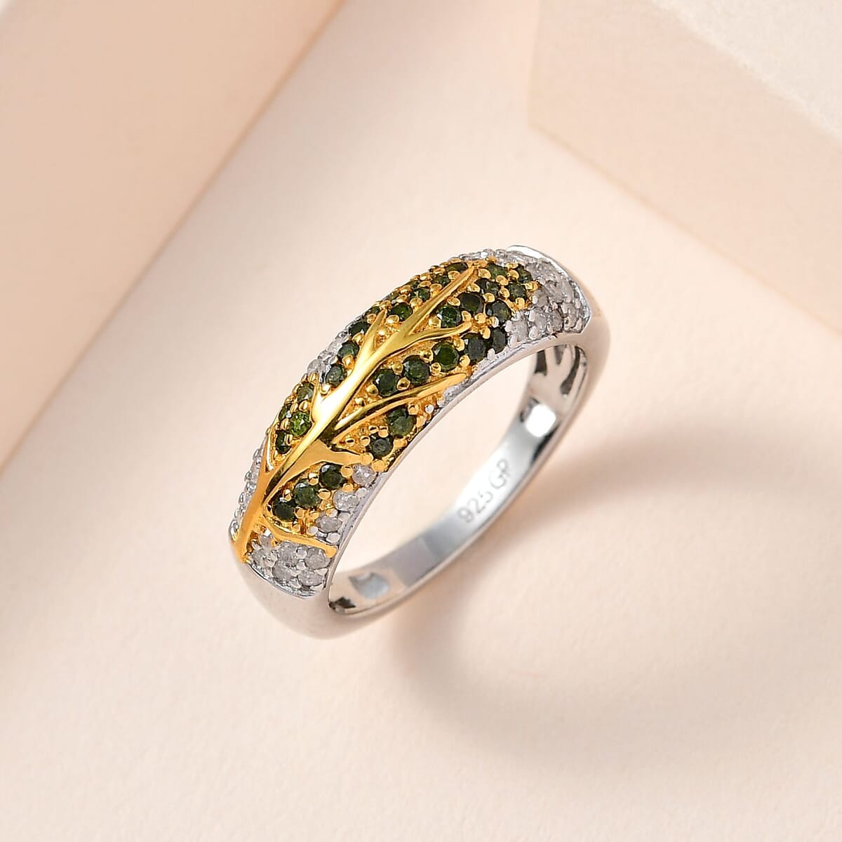 GP Italian Garden Collection Green Diamond and Diamond Tree of Life Ring in Vermeil Yellow Gold and Platinum Over Sterling Silver (Size 7.0) 0.50 ctw image number 1