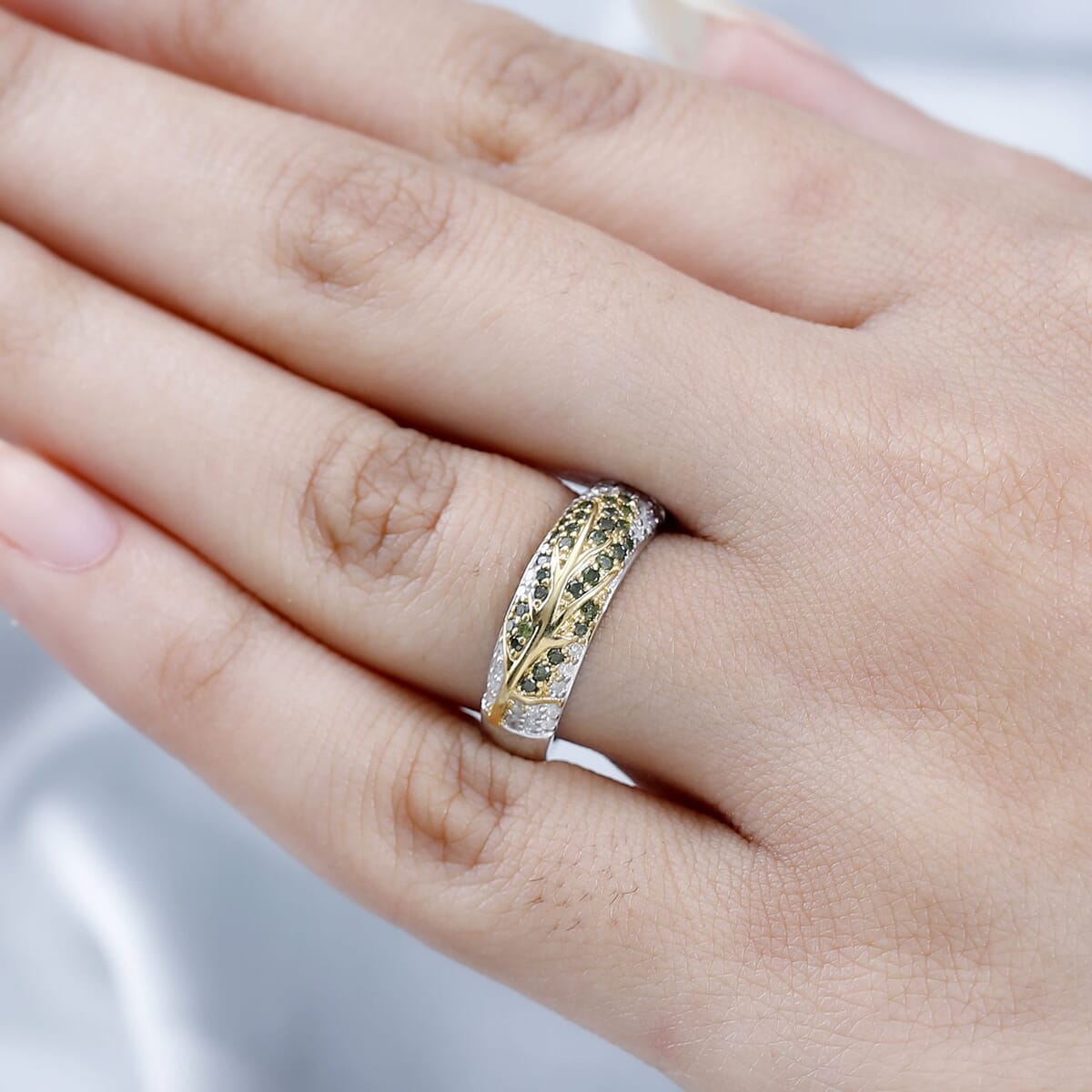 GP Italian Garden Collection Green Diamond and Diamond Tree of Life Ring in Vermeil Yellow Gold and Platinum Over Sterling Silver (Size 7.0) 0.50 ctw image number 2