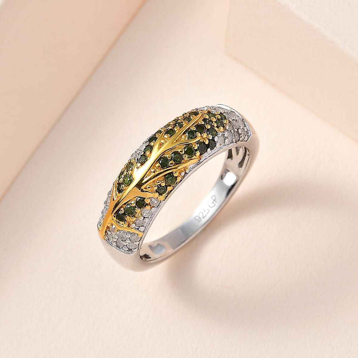 GP Italian Garden Collection Green Diamond and Diamond Tree of Life Ring in Vermeil Yellow Gold and Platinum Over Sterling Silver (Size 9.0) 0.50 ctw image number 1