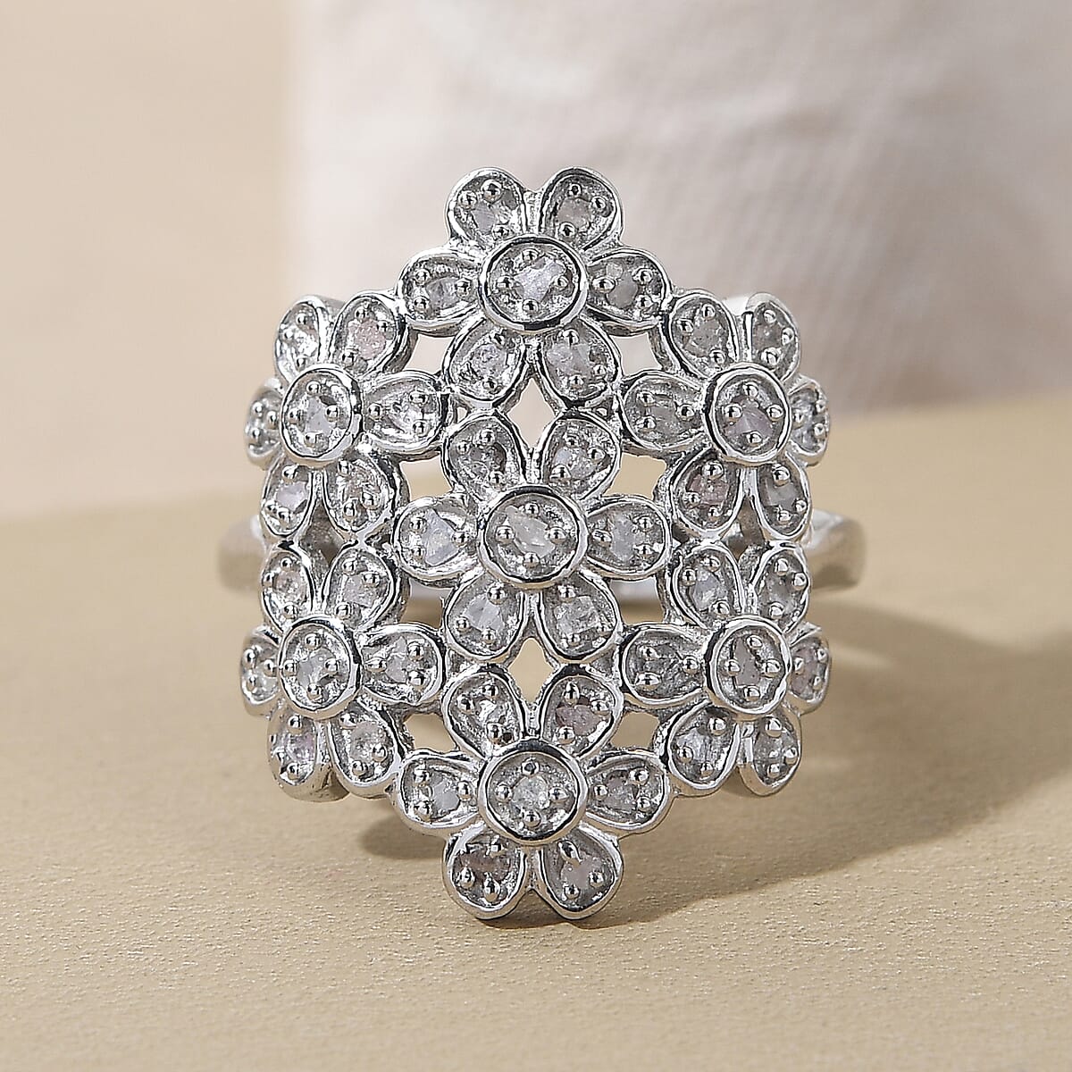 Uncut Diamond Flowers Ring in Platinum Over Sterling Silver (Size 7.0) 0.33 ctw image number 1