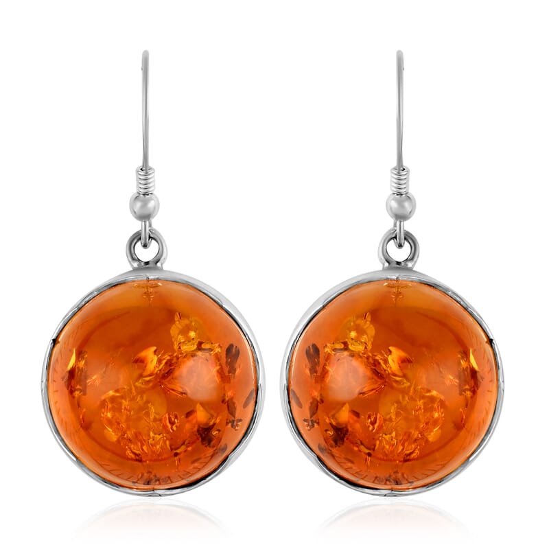 Baltic Amber Round Dangle Earrings in Sterling Silver 10.90 Grams