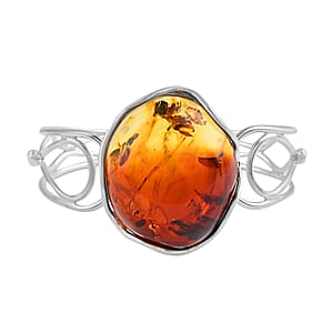 Baltic Amber Oval Free Style Open Bangle Bracelet in Sterling Silver (7 In)