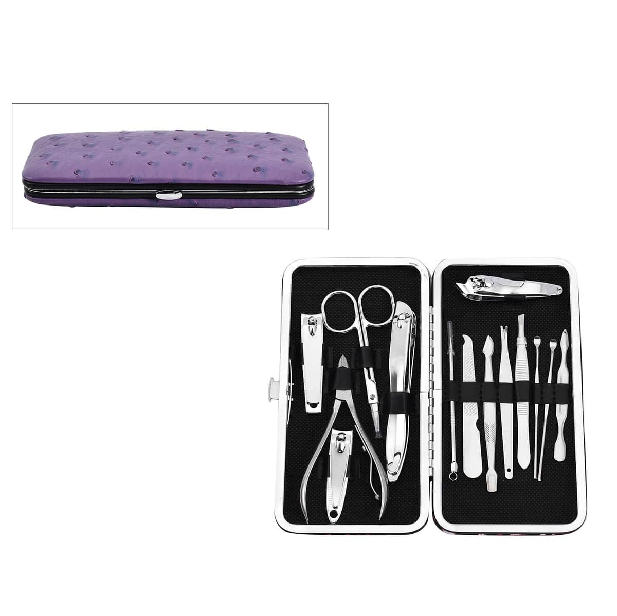 14 Piece Stainless Steel Manicure Grooming Kit in Dark Purple Ostrich Print Faux Leather Case image number 0