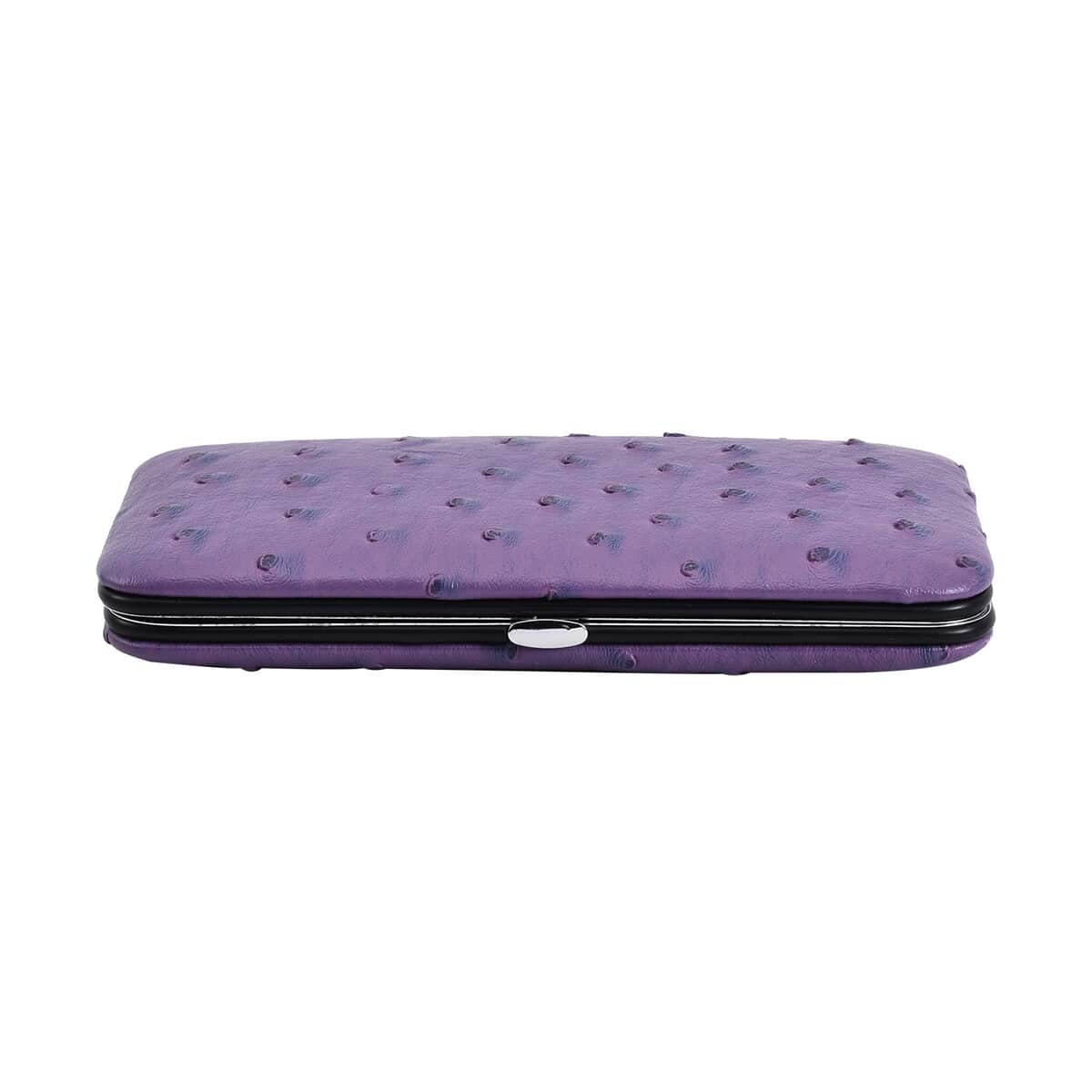 14 Piece Stainless Steel Manicure Grooming Kit in Dark Purple Ostrich Print Faux Leather Case image number 1