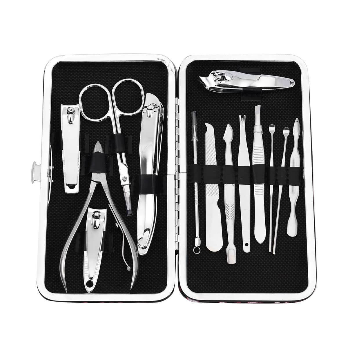 14 Piece Stainless Steel Manicure Grooming Kit in Dark Purple Ostrich Print Faux Leather Case image number 4