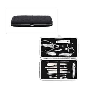 14 Piece Stainless Steel Manicure Grooming Kit in Black Ostrich Print Faux Leather Case