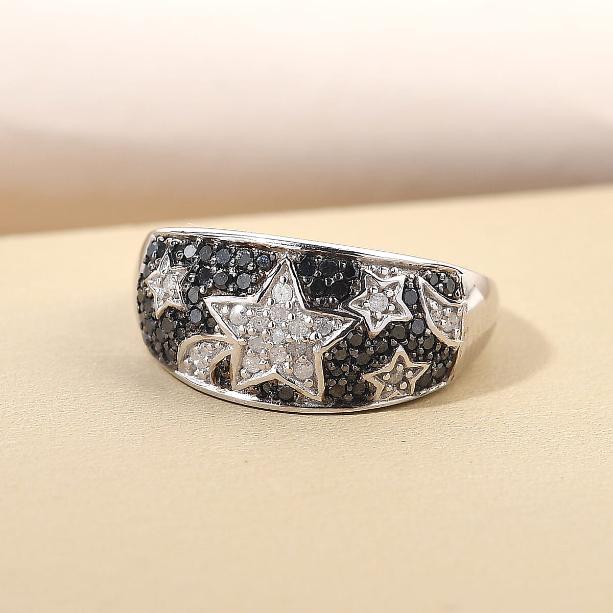 GP CELESTIAL DREAM COLLECTION Black Diamond and Diamond Moon and Star Ring in Platinum Over Sterling Silver (Size 6.0) 0.50 ctw image number 1