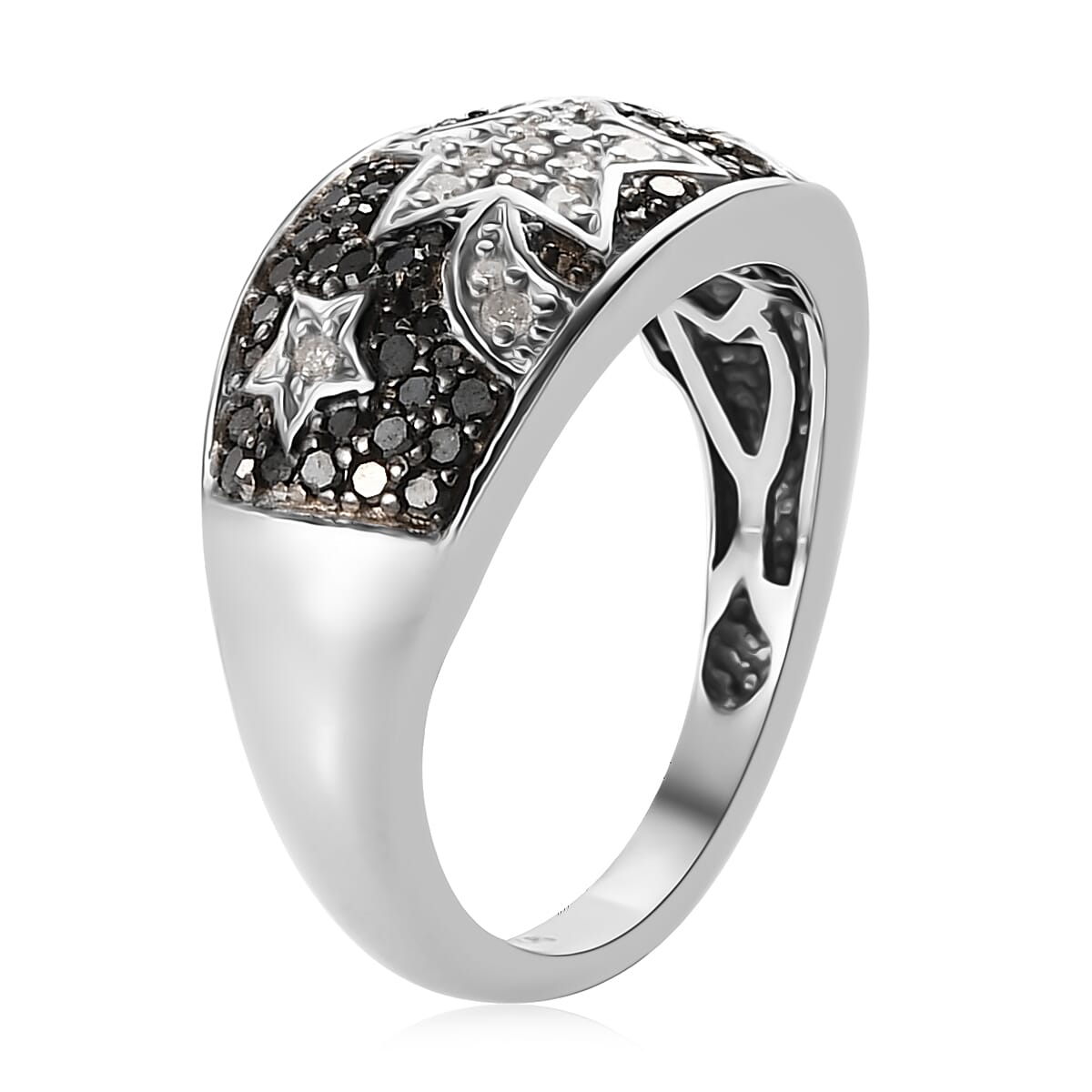GP CELESTIAL DREAM COLLECTION Black Diamond and Diamond Moon and Star Ring in Platinum Over Sterling Silver (Size 6.0) 0.50 ctw image number 3