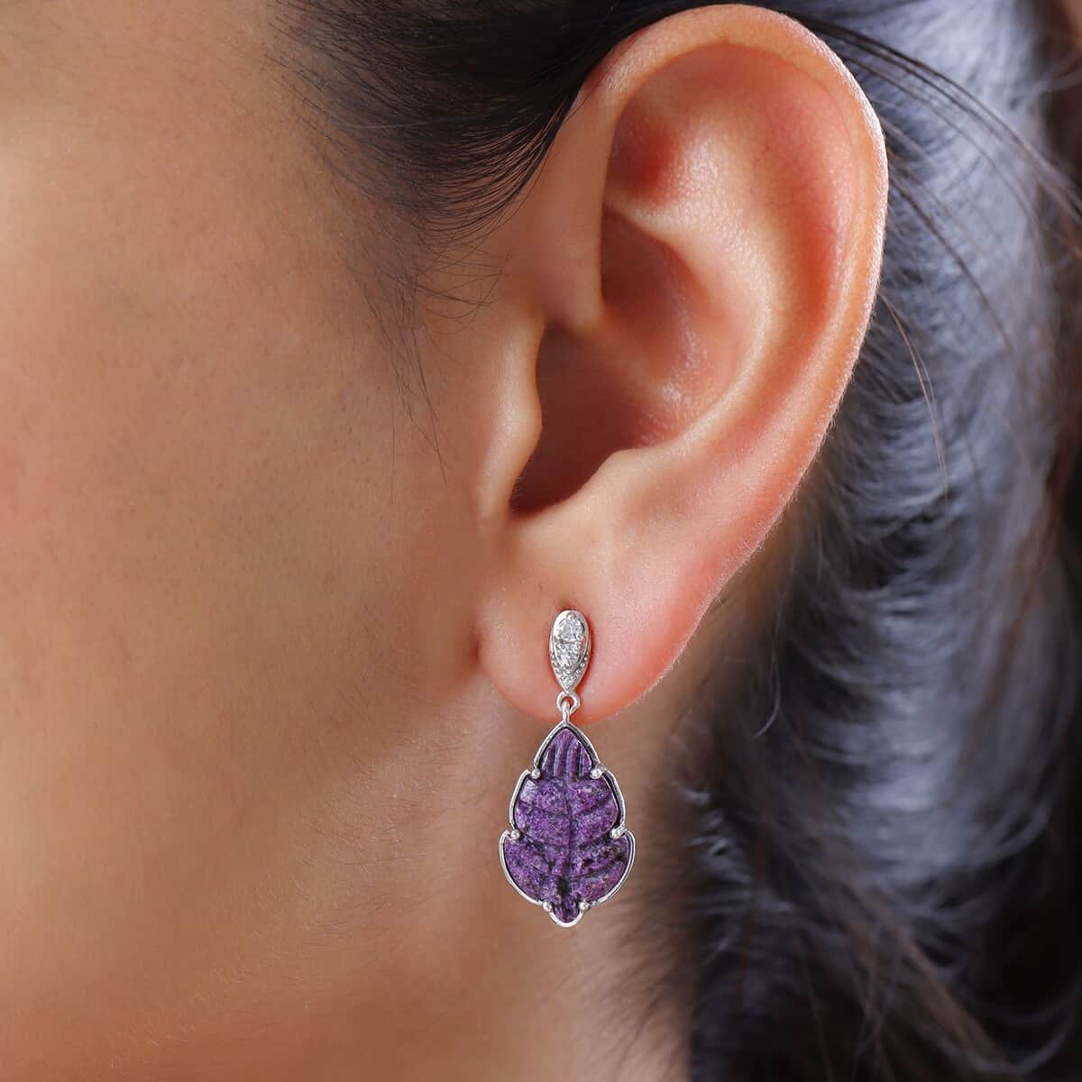 Stichtite and Natural White Zircon Dangle Floral Earrings in Platinum Over Sterling Silver 12.10 ctw image number 2