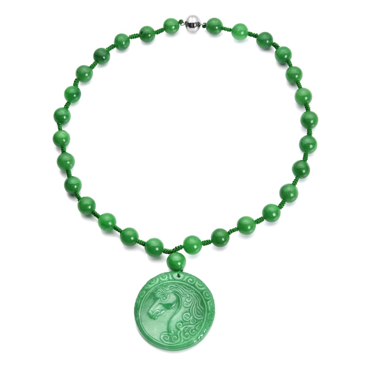 Green Jade Horse Carved Beaded Necklace 20 Inches in Rhodium Over Sterling Silver 602.50 ctw image number 0