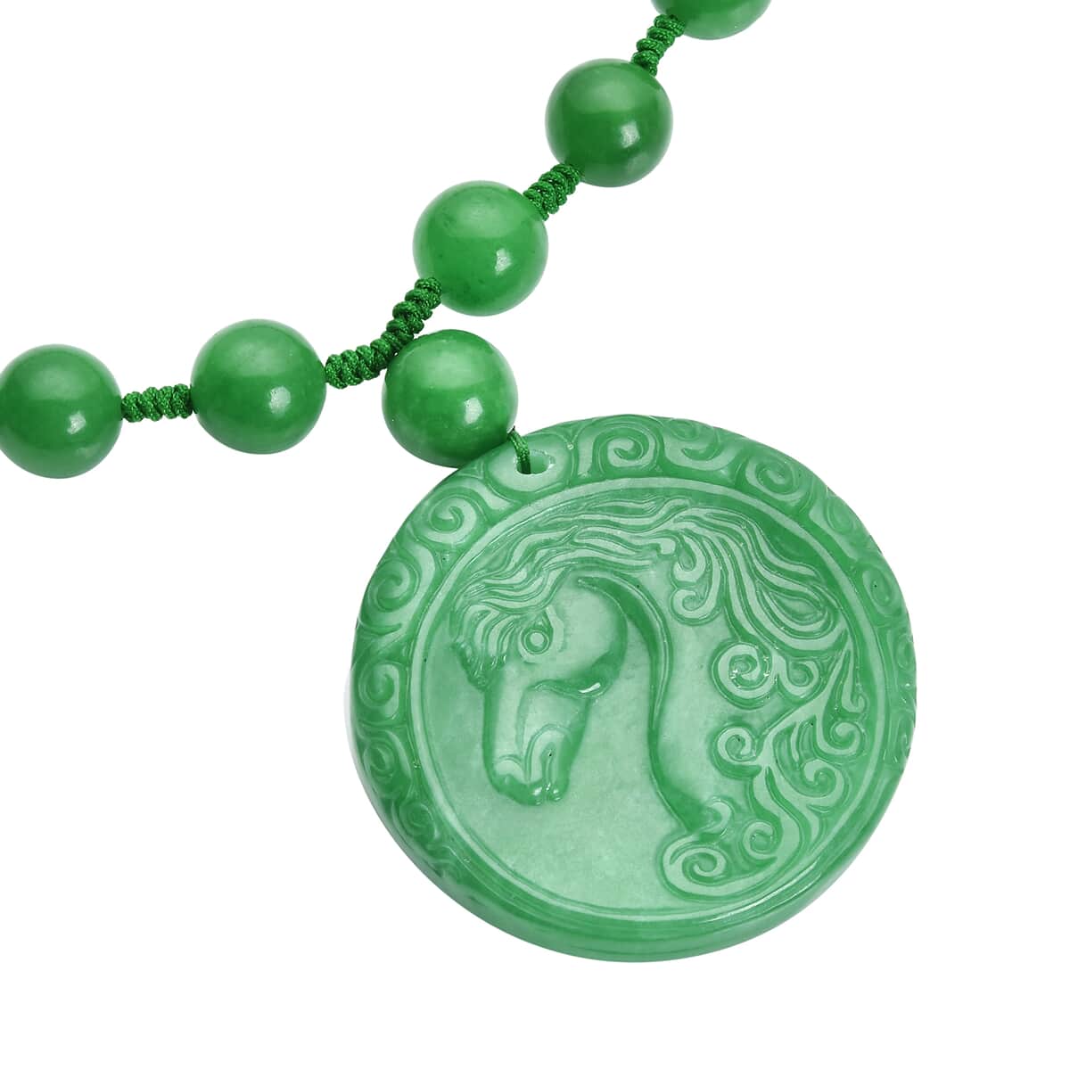 Green Jade Horse Carved Beaded Necklace 20 Inches in Rhodium Over Sterling Silver 602.50 ctw image number 2