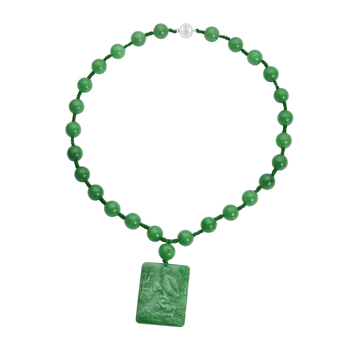 Green Jade Carved Eagle Pendant with Beaded Necklace 20 Inches in Rhodium Over Sterling Silver 527.50 ctw image number 0