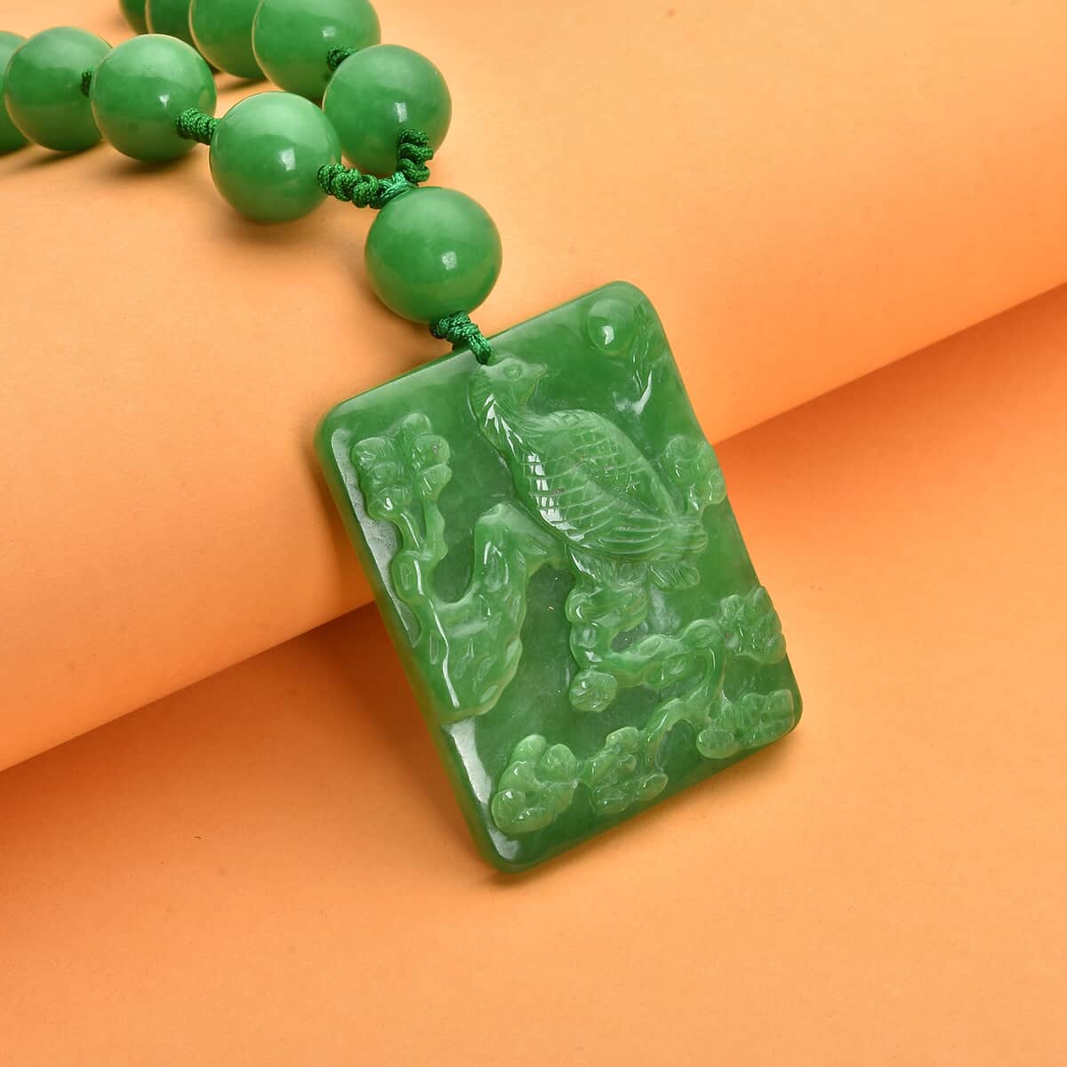 Green Jade Carved Eagle Pendant with Beaded Necklace 20 Inches in Rhodium Over Sterling Silver 527.50 ctw image number 1