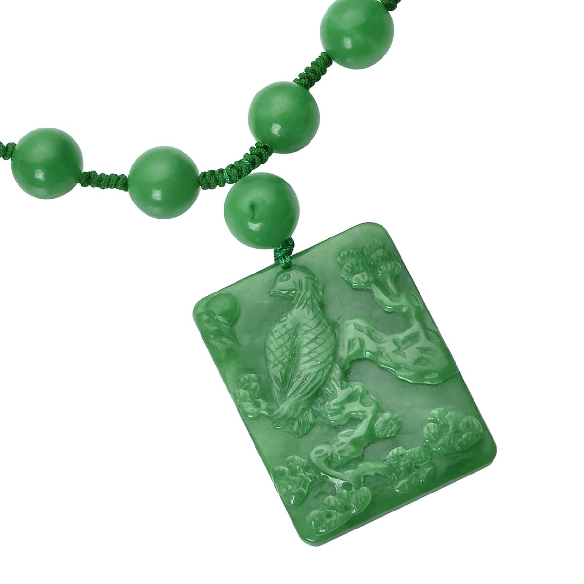 Green Jade Carved Eagle Pendant with Beaded Necklace 20 Inches in Rhodium Over Sterling Silver 527.50 ctw image number 3