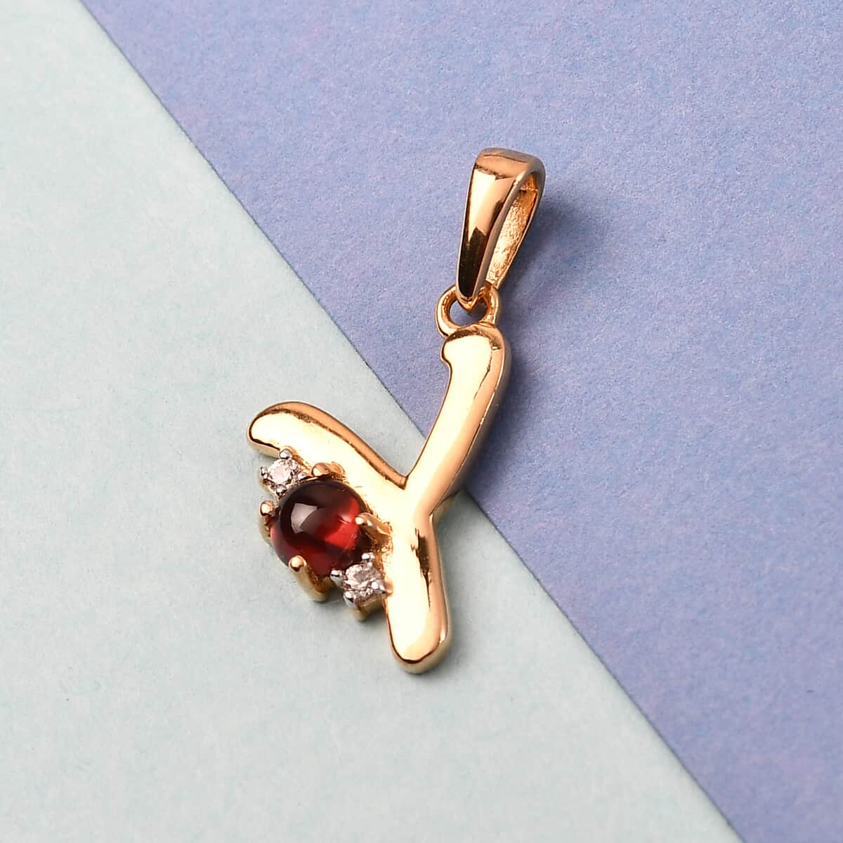 Mozambique Garnet and Natural White Zircon Initial Y Pendant in Vermeil Yellow Gold Over Sterling Silver 0.50 ctw image number 1