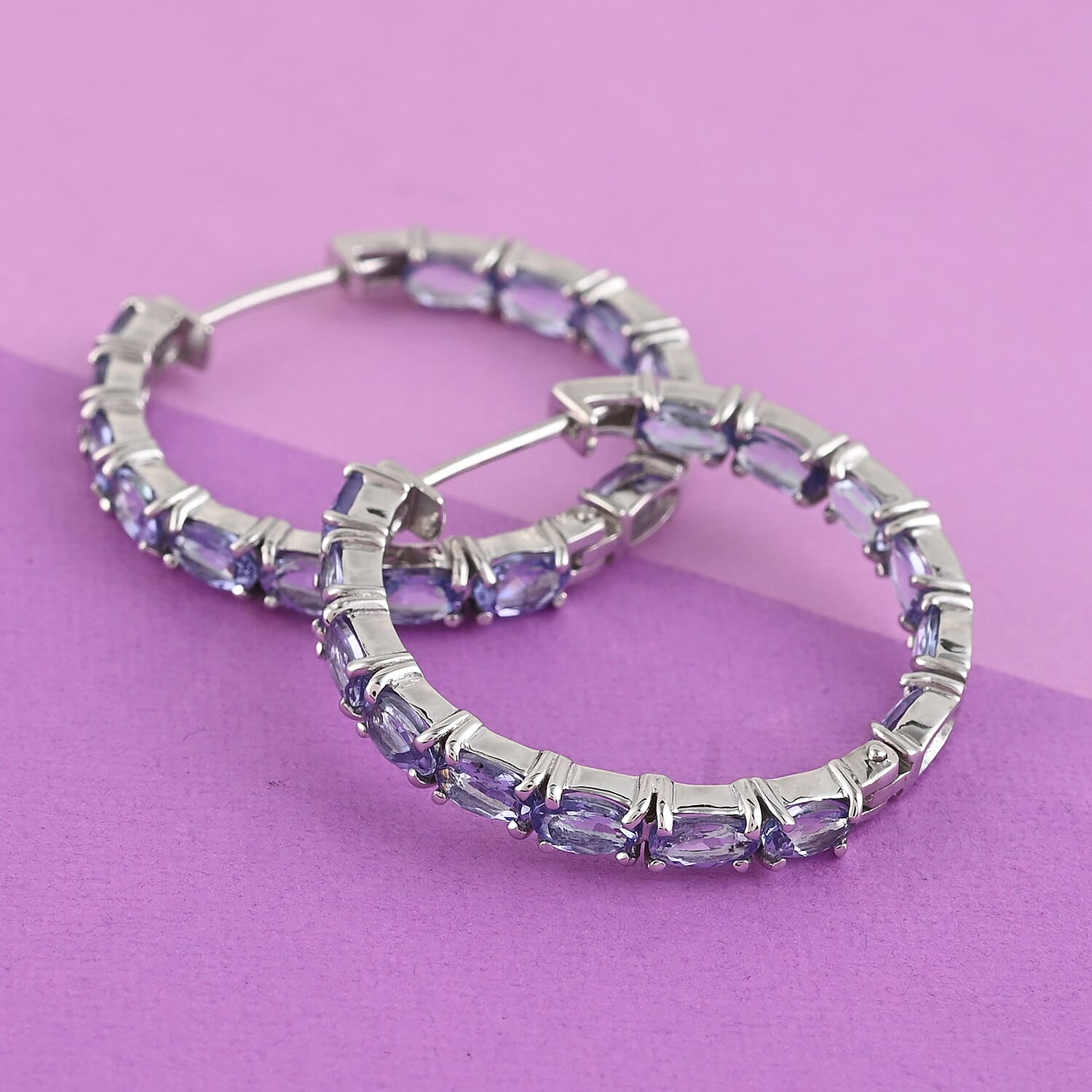 Tanzanite Hoop Earrings in Platinum Over Sterling Silver 6.40 ctw