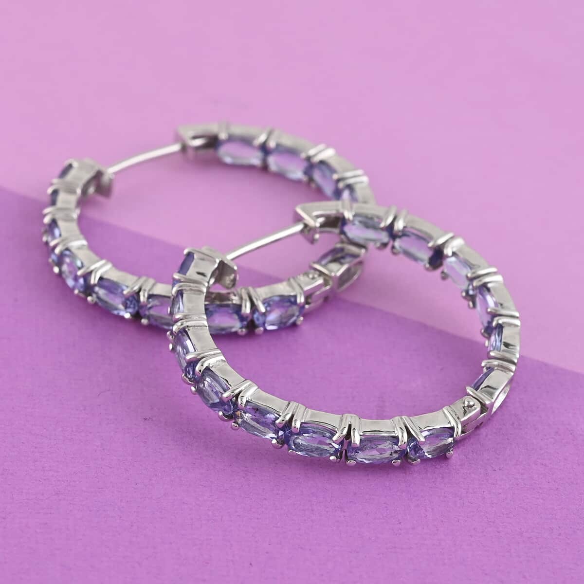 Tanzanite Hoop Earrings in Platinum Over Sterling Silver 6.40 ctw image number 1