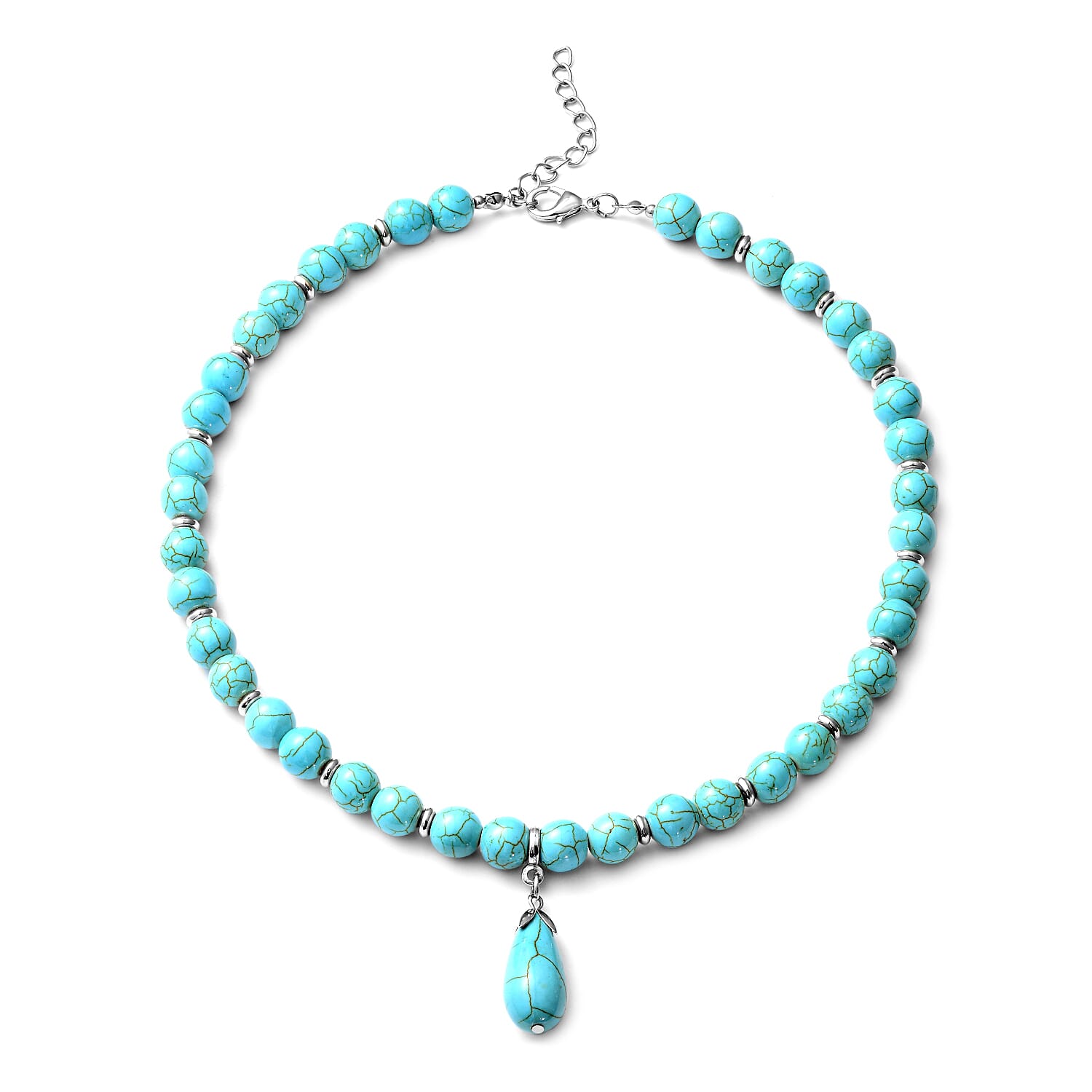 Freshened Blue Howlite Beaded Necklace with Drop Pendant 18-20 Inches in Silvertone 250.50 ctw