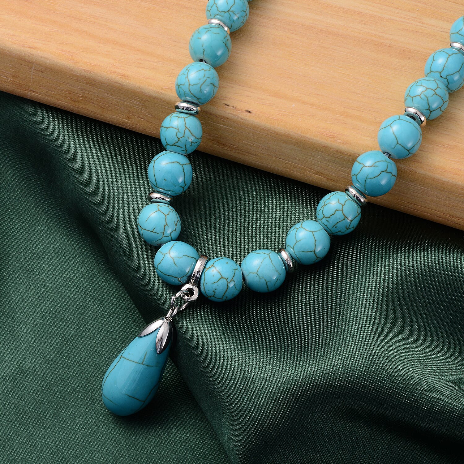 Freshened Blue Howlite Beaded Necklace with Drop Pendant 18-20 Inches in Silvertone 250.50 ctw