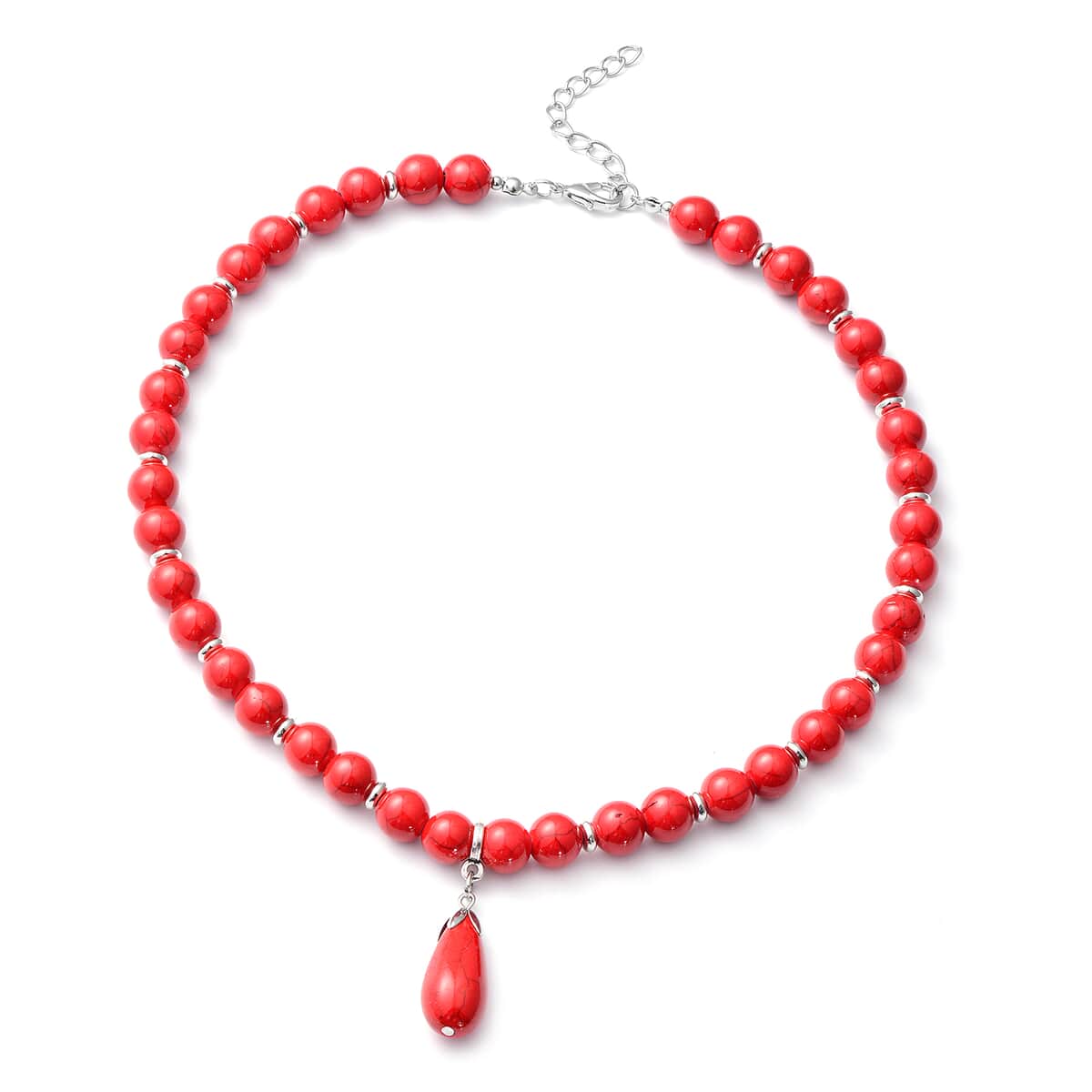 Freshened Red Howlite Beaded Necklace with Drop Pendant 18-20 Inches in Silvertone 268.50 ctw image number 0